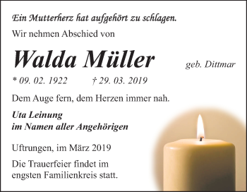 Traueranzeige von Walda Müller von Mitteldeutsche Zeitung Sangerhausen