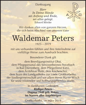 Traueranzeige von Waldemar Peters von WVG - Wochenspiegel Merseburg