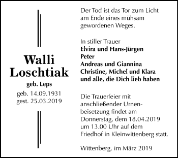 Traueranzeige von Walli Loschtiak von Mitteldeutsche Zeitung Wittenberg