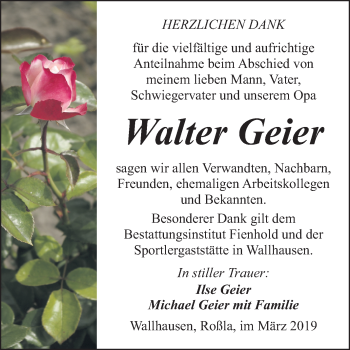 Traueranzeige von Walter Geier von Mitteldeutsche Zeitung Sangerhausen