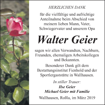 Traueranzeige von Walter Geier von Super Sonntag SGH Mansf. Land