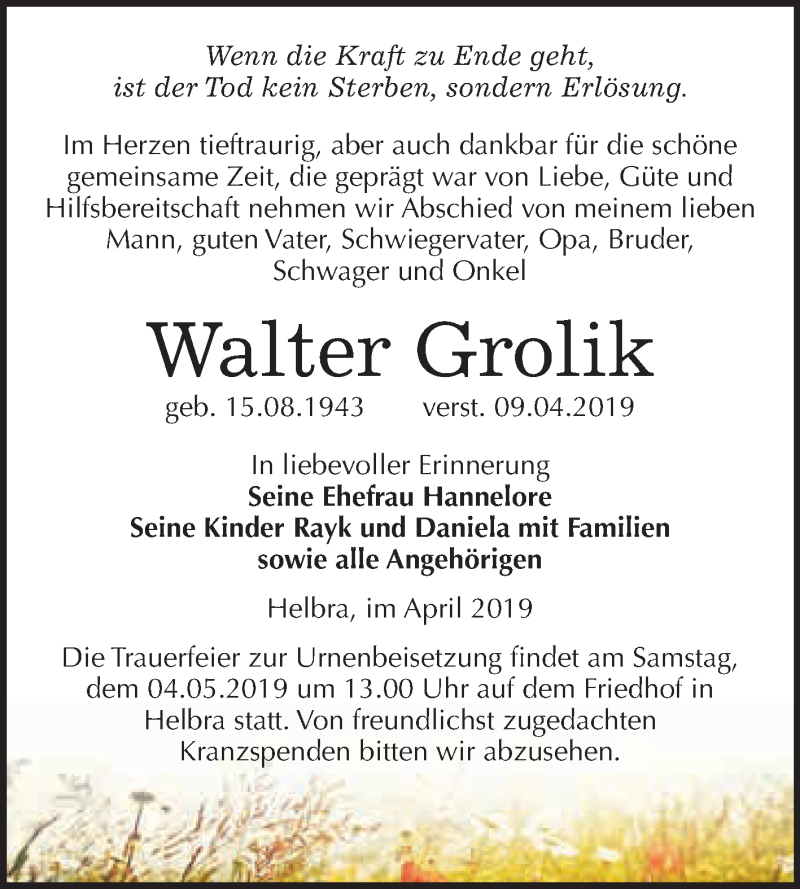  Traueranzeige für Walter Grolik vom 27.04.2019 aus Super Sonntag SGH Mansf. Land