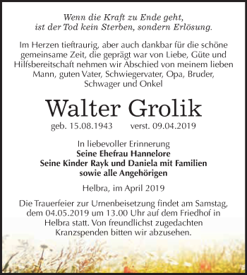 Traueranzeige von Walter Grolik von Super Sonntag SGH Mansf. Land