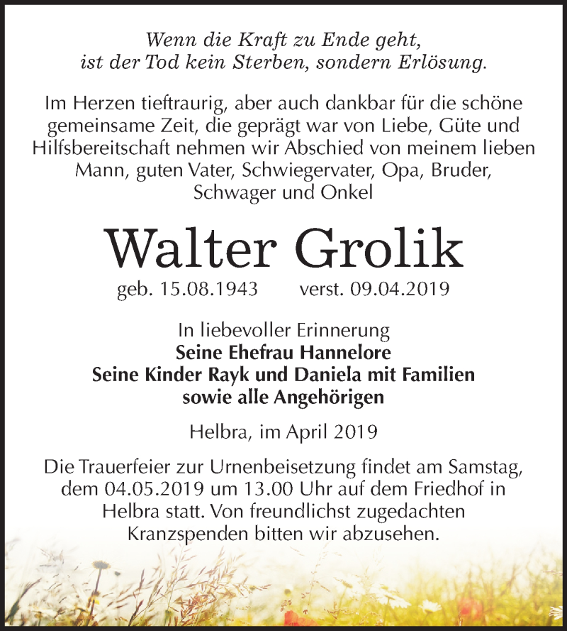  Traueranzeige für Walter Grolik vom 27.04.2019 aus Mitteldeutsche Zeitung