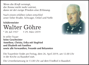Traueranzeige von Walter Göhre von WVG - Wochenspiegel Dessau / Köthen