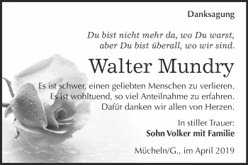 Traueranzeige von Walter Mundry von WVG - Wochenspiegel Merseburg