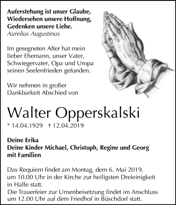 Traueranzeige von Walter Opperskalski von Mitteldeutsche Zeitung Halle/Saalkreis
