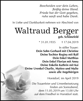 Traueranzeige von Waltraud Berger von Mitteldeutsche Zeitung