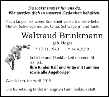 Traueranzeige von Waltraud Brinkmann von Wochenspiegel Mansfelder Land