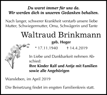 Traueranzeige von Waltraud Brinkmann von Mitteldeutsche Zeitung Mansfelder Land