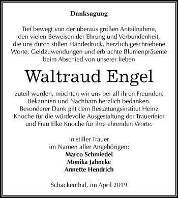 Traueranzeige von Waltraud Engel von Mitteldeutsche Zeitung Aschersleben