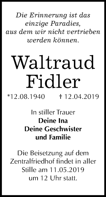 Traueranzeige von Waltraud Fidler von Mitteldeutsche Zeitung Dessau-Roßlau