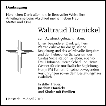 Traueranzeige von Waltraud Hornickel von Super Sonntag SGH Mansf. Land