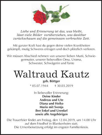 Traueranzeige von Waltraud Kautz von Super Sonntag SGH Mansf. Land