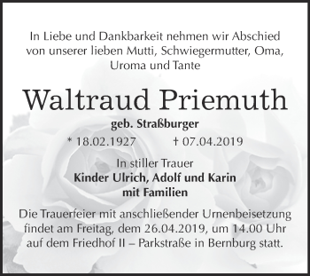 Traueranzeige von Waltraud Priemuth von Super Sonntag Bernburg