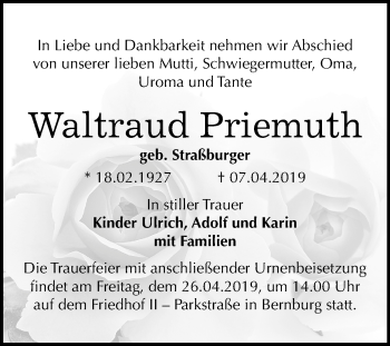 Traueranzeige von Waltraud Priemuth von Mitteldeutsche Zeitung Bernburg