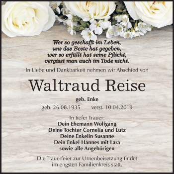 Traueranzeige von Waltraud Reise von Mitteldeutsche Zeitung Weißenfels