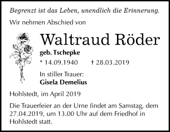 Traueranzeige von Waltraud Röder von Super Sonntag SGH Mansf. Land