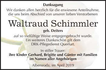 Traueranzeige von Waltraud Schimmler von Mitteldeutsche Zeitung Merseburg/Querfurt