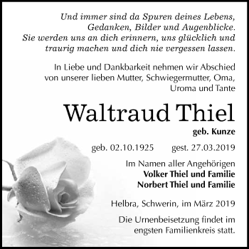 Traueranzeige von Waltraud Thiel von Wochenspiegel Mansfelder Land