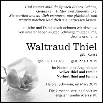Traueranzeige von Waltraud Thiel von Mitteldeutsche Zeitung Mansfelder Land