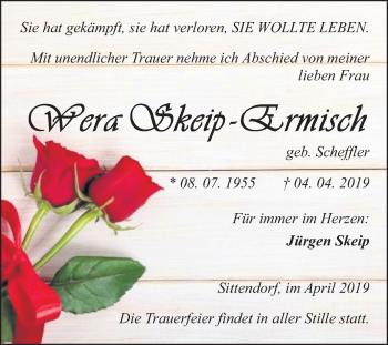 Traueranzeige von Wera Skeip-Ermisch von Mitteldeutsche Zeitung Sangerhausen