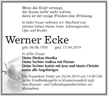 Traueranzeige von Werner Ecke von Mitteldeutsche Zeitung Mansfelder Land