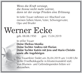 Traueranzeige von Werner Ecke von Wochenspiegel Mansfelder Land