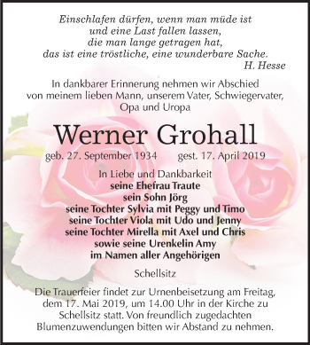 Traueranzeige von Werner Grohall von Mitteldeutsche Zeitung