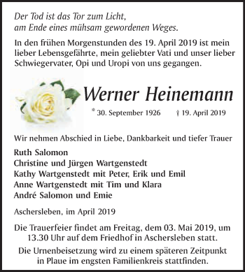Traueranzeige von Werner Heinemann von WVG - Wochenspiegel Quedlinburg