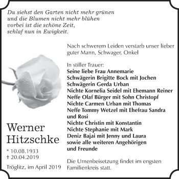 Traueranzeige von Werner Hitzschke von WVG - Wochenspiegel NMB / WSF / ZTZ