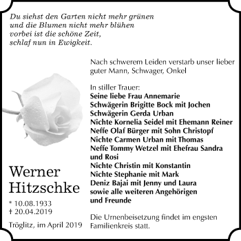 Traueranzeige von Werner Hitzschke von Mitteldeutsche Zeitung
