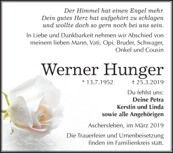 Traueranzeige von Werner Hunger von Mitteldeutsche Zeitung Aschersleben