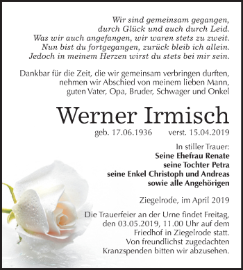 Traueranzeige von Werner Irmisch von Mitteldeutsche Zeitung Aschersleben