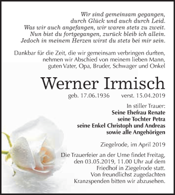 Traueranzeige von Werner Irmisch von Wochenspiegel Mansfelder Land