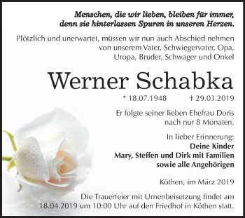 Traueranzeige von Werner Schabka von WVG - Wochenspiegel Dessau / Köthen