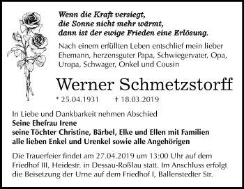 Traueranzeige von Werner Schmetzstorff von Mitteldeutsche Zeitung Dessau-Roßlau
