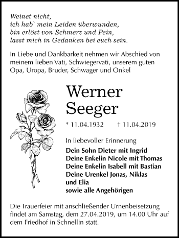 Traueranzeige von Werner Seeger von Mitteldeutsche Zeitung Wittenberg