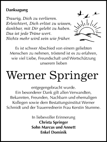 Traueranzeige von Werner Springer von Mitteldeutsche Zeitung
