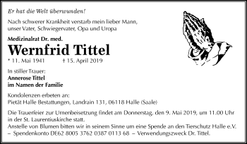 Traueranzeige von Wernfrid Tittel von Mitteldeutsche Zeitung