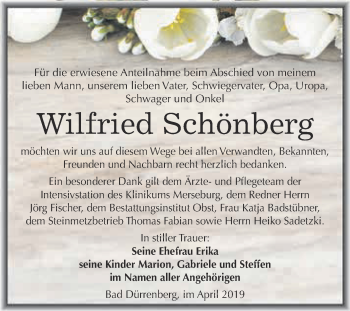 Traueranzeige von Wilfried Schönberg von Super Sonntag Merseburg