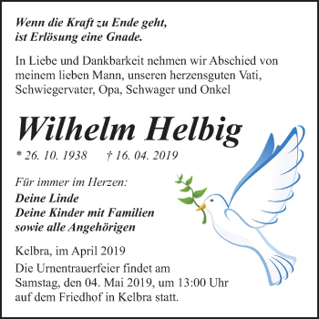 Traueranzeige von Wilhelm Helbig von Mitteldeutsche Zeitung Sangerhausen