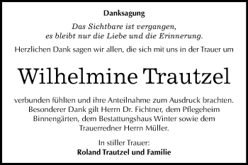 Traueranzeige von Wilhelmine Trautzel von Mitteldeutsche Zeitung Bitterfeld