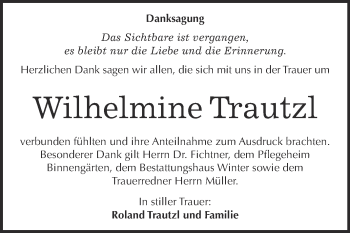 Traueranzeige von Wilhelmine Trautzl von WVG - Wochenspiegel Bitterfeld