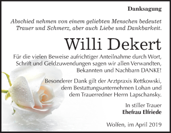 Traueranzeige von Willi Dekert von Mitteldeutsche Zeitung Bitterfeld