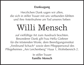 Traueranzeige von Willi Mensch von Super Sonntag Wittenberg