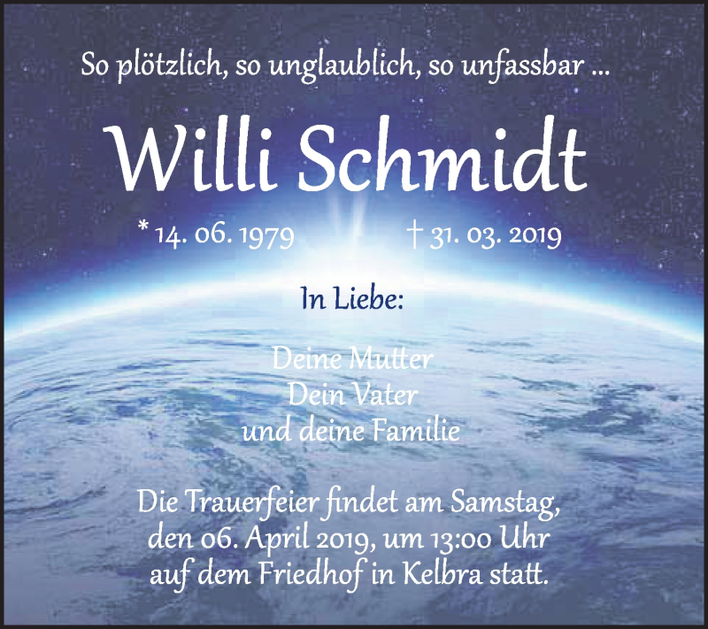  Traueranzeige für Willi Schmidt vom 04.04.2019 aus Mitteldeutsche Zeitung Sangerhausen