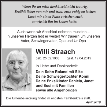 Traueranzeige von Willi Straach von Super Sonntag Wittenberg