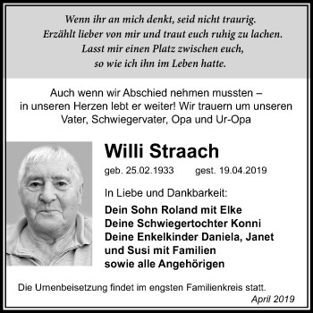 Traueranzeige von Willi Straach von Mitteldeutsche Zeitung