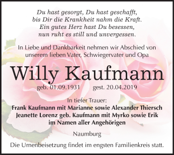 Traueranzeige von Willy Kaufmann von Mitteldeutsche Zeitung